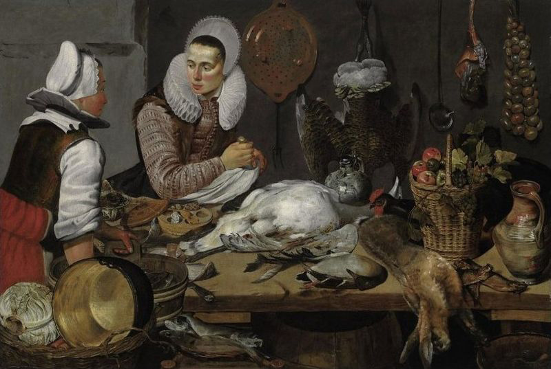 A Kitchen Interior with a Maid and a Lady Preparing Game, oil on canvas painting attributed to Frans Hals, 1625-1630